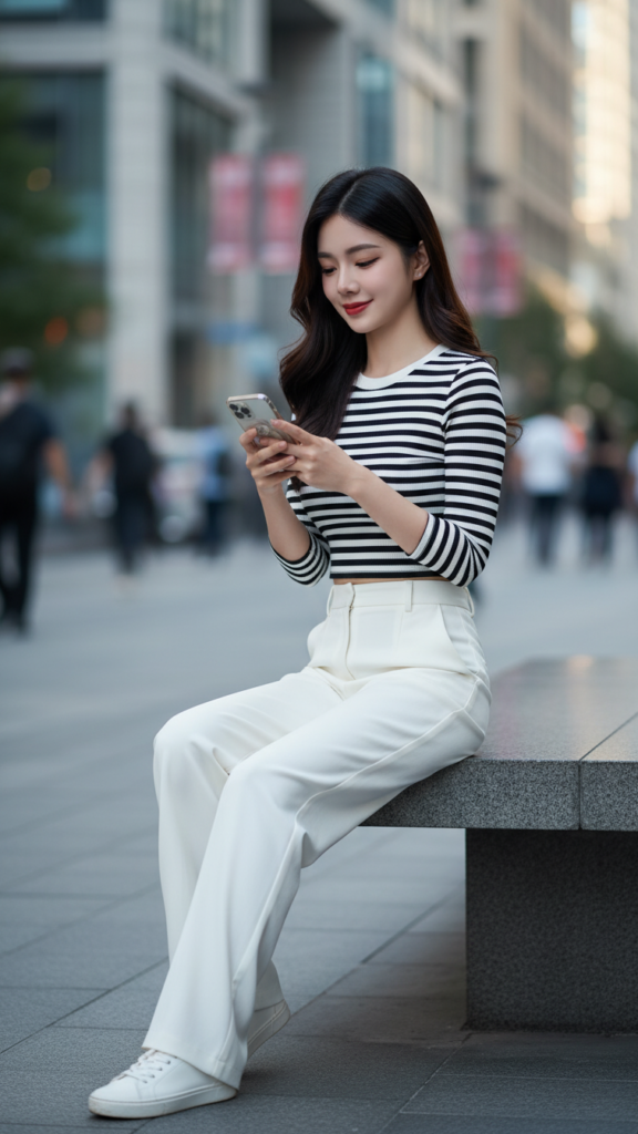 Tạo chân dung hiện thực của cô gái trẻ trong phong cách thanh lịch giữa phố thị.