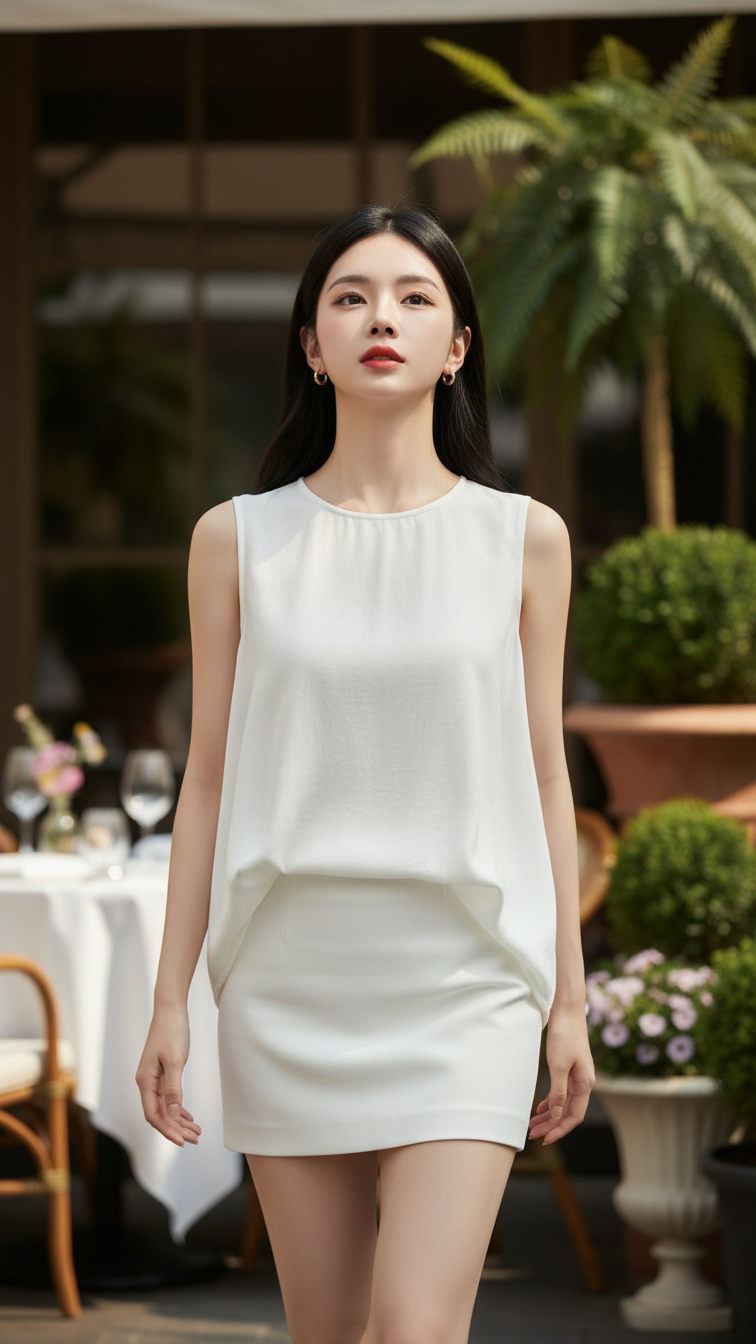 Chân dung thanh lịch của cô gái trẻ tự tin trong không gian sang trọng ẩm thực ngoài trời