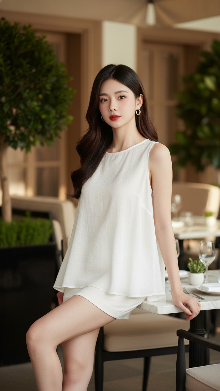 Chân dung thanh lịch của cô gái trẻ trong không gian cafe sang trọng