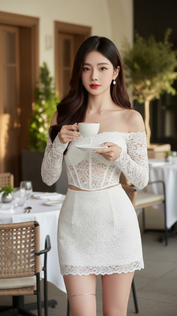 Chân dung cô gái trẻ sang trọng giữa không gian cà phê cao cấp