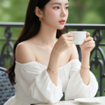 Chân dung cô gái trẻ tự tin và thanh lịch tại quán cà phê sang trọng