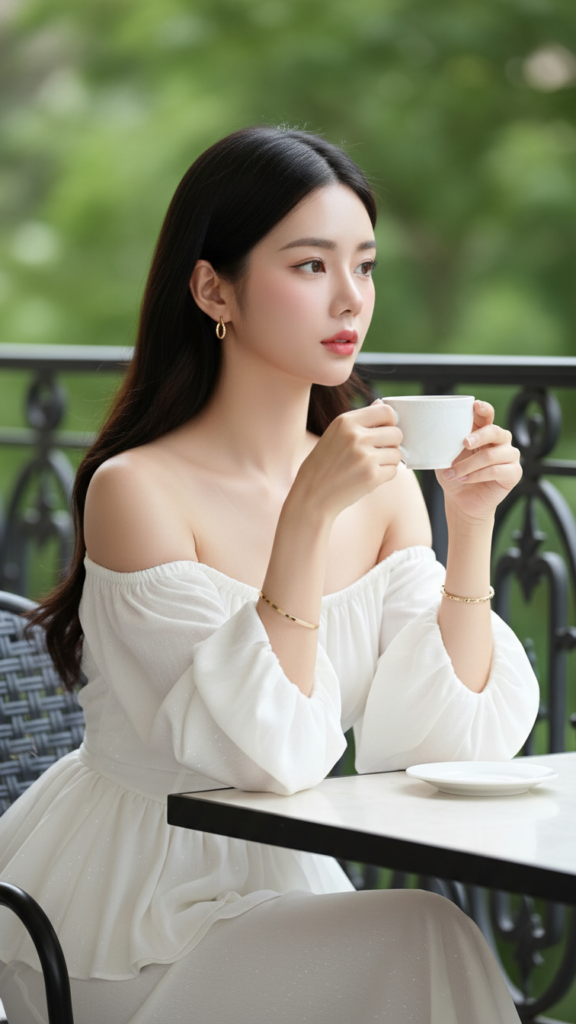 Chân dung cô gái trẻ tự tin và thanh lịch tại quán cà phê sang trọng