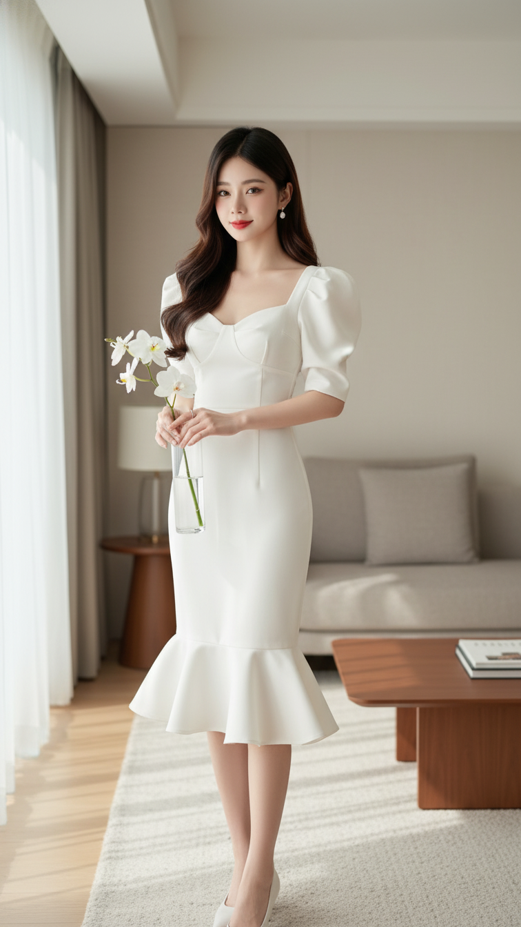 Chân dung thanh lịch của cô gái Châu Á trong không gian tối giản và hiện đại