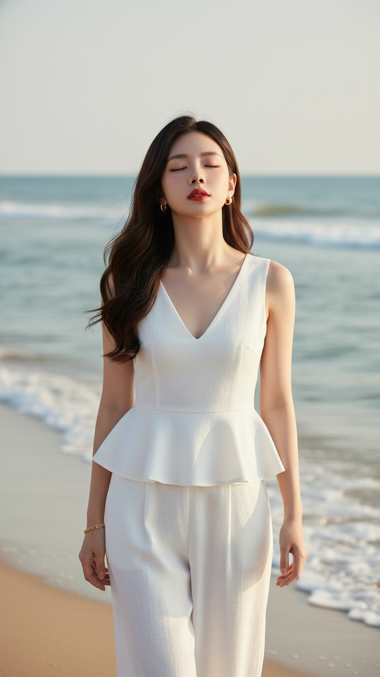 Chân dung cô gái trẻ bên bờ biển với vẻ đẹp tự nhiên và thời trang thanh lịch