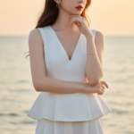Chân dung cô gái trẻ bên biển với vẻ đẹp tự nhiên và trang phục tinh tế