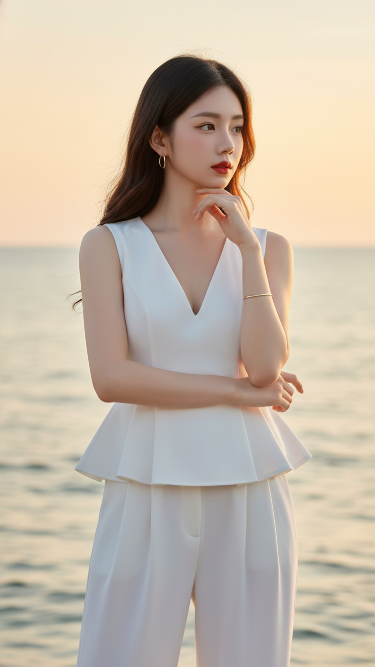 Chân dung cô gái trẻ bên biển với vẻ đẹp tự nhiên và trang phục tinh tế