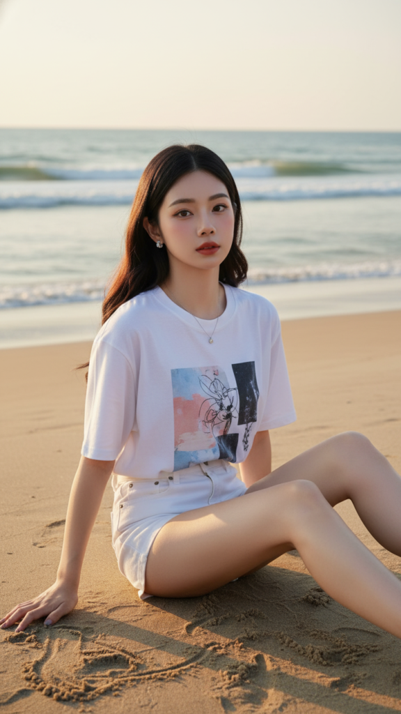 Chân dung nữ sinh tự tin bên bờ biển dưới ánh sáng buổi sáng ấm áp