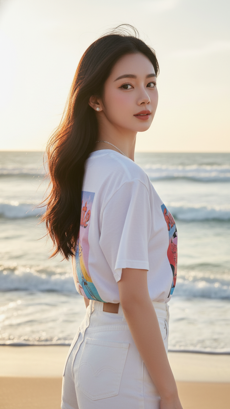 Chân dung cô gái Á Đông tự tin thanh lịch bên bờ biển bình minh tuyệt đẹp