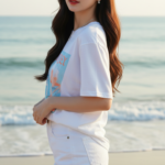 Chân dung cô gái trẻ tự tin bên bờ biển dưới ánh sáng buổi sáng ấm áp