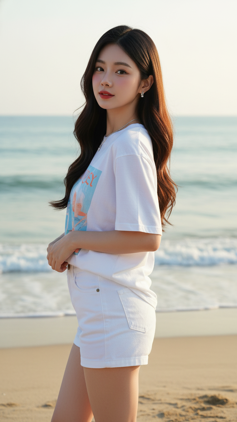 Chân dung cô gái trẻ tự tin bên bờ biển dưới ánh sáng buổi sáng ấm áp