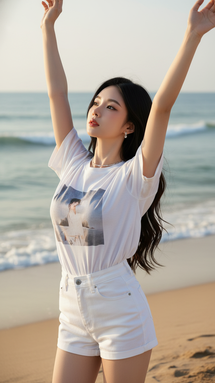 Tạo chân dung hiện thực của cô gái trẻ đầy tự tin và thanh lịch bên bờ biển