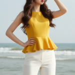 Chân dung cô gái trẻ tự tin bên bờ biển với phong cách thời trang hiện đại