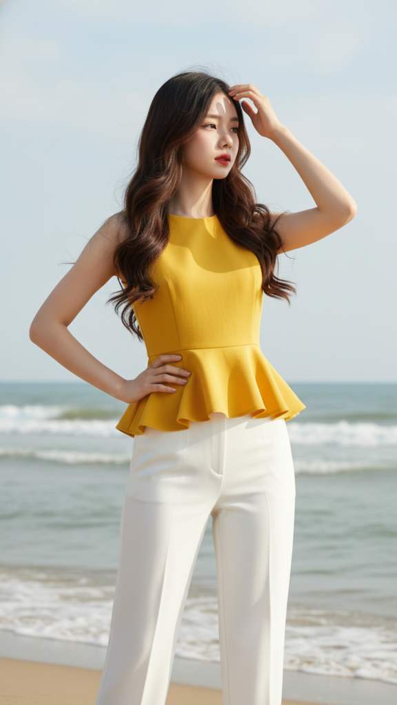 Chân dung cô gái trẻ tự tin bên bờ biển với phong cách thời trang hiện đại