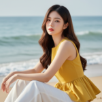 “Chân dung cô gái trẻ tự tin bên bờ biển với phong cách thanh lịch”