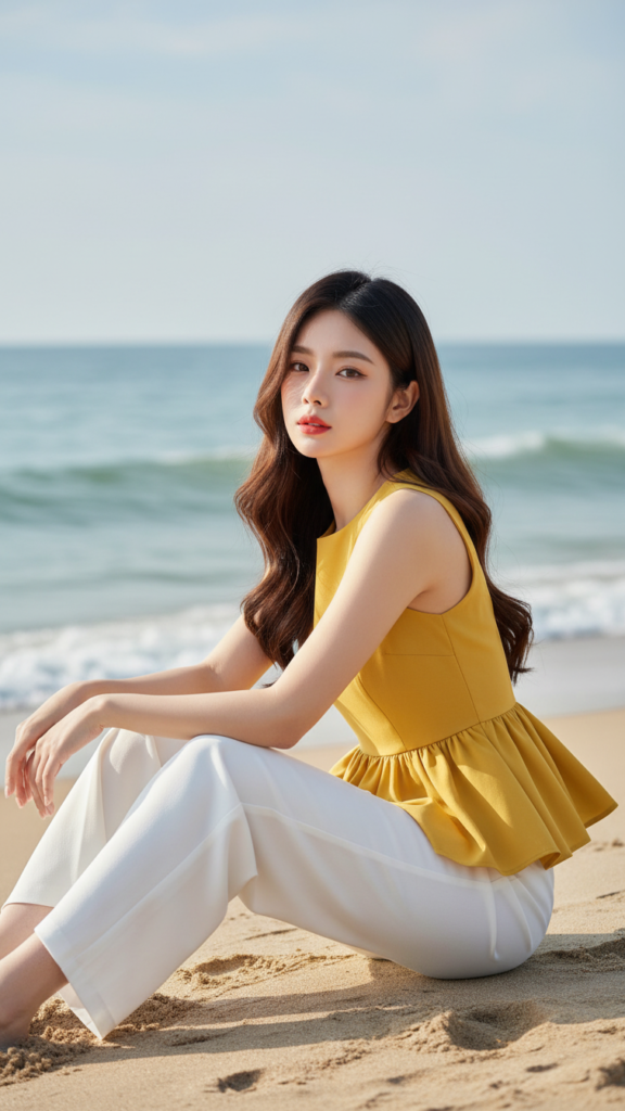 “Chân dung cô gái trẻ tự tin bên bờ biển với phong cách thanh lịch”