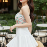 Chân dung trẻ trung của cô gái châu Á phong cách ngoài quán cà phê sang trọng