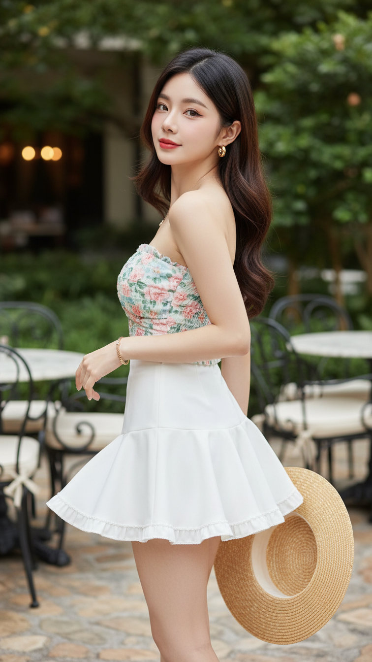 Chân dung trẻ trung của cô gái châu Á phong cách ngoài quán cà phê sang trọng