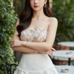 Chân dung thời trang của cô gái trẻ tại quán cà phê sang trọng ngoài trời