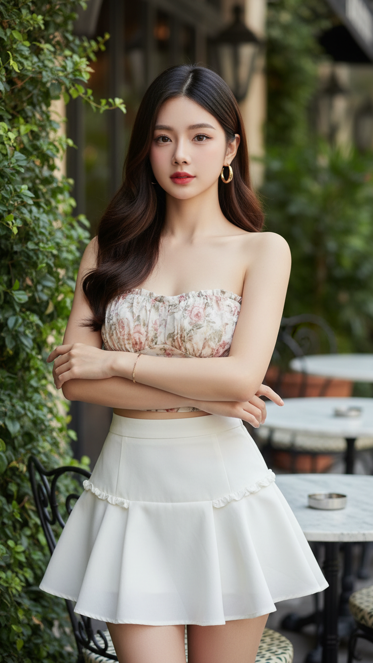 Chân dung thời trang của cô gái trẻ tại quán cà phê sang trọng ngoài trời