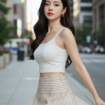 Chân dung gái trẻ thanh lịch giữa phố thành phố sôi động và hiện đại