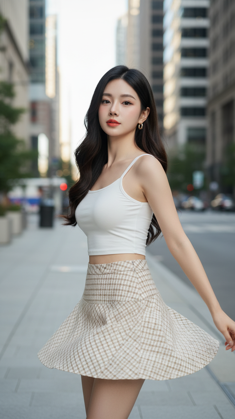 Chân dung gái trẻ thanh lịch giữa phố thành phố sôi động và hiện đại