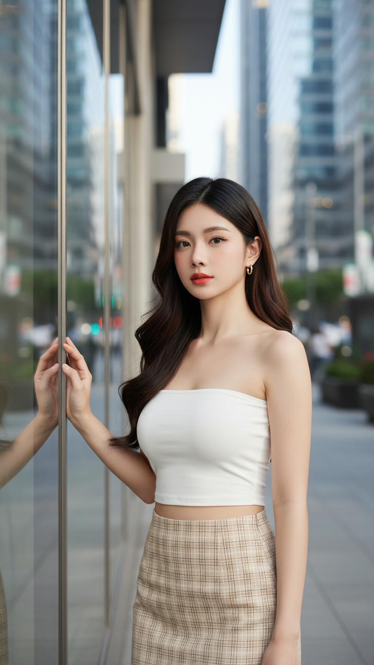 Chân dung cô gái châu Á thanh lịch giữa phố phường hiện đại
