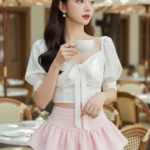 Chân dung cô gái trẻ thanh lịch tại quán cafe ngoài trời đẹp như mơ