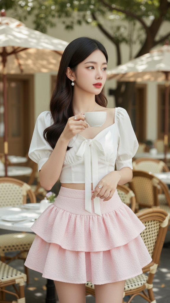 Chân dung cô gái trẻ thanh lịch tại quán cafe ngoài trời đẹp như mơ