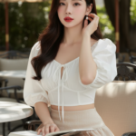 Chân dung thanh lịch của cô gái trẻ tại quán café ngoài trời sang trọng