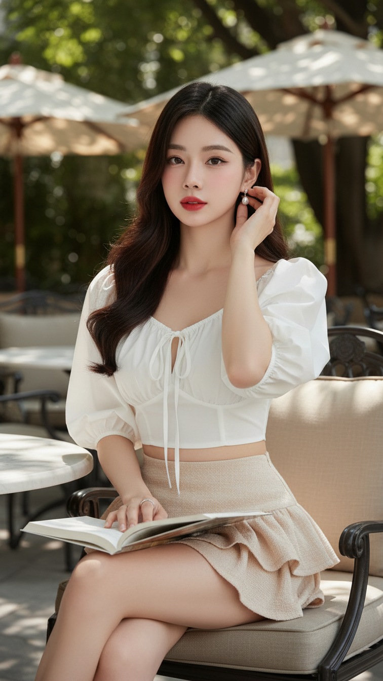 Chân dung thanh lịch của cô gái trẻ tại quán café ngoài trời sang trọng