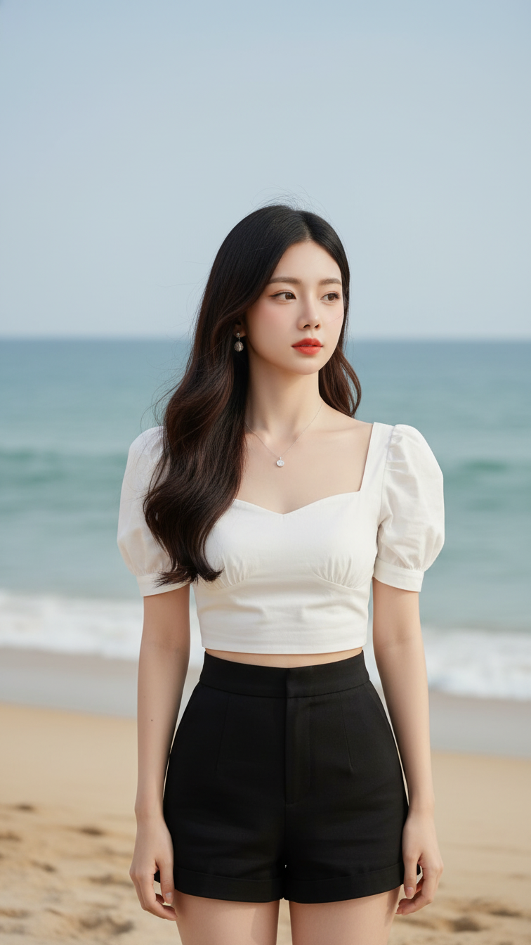 Chân dung thanh lịch của cô gái trẻ bên bờ biển tuyệt đẹp