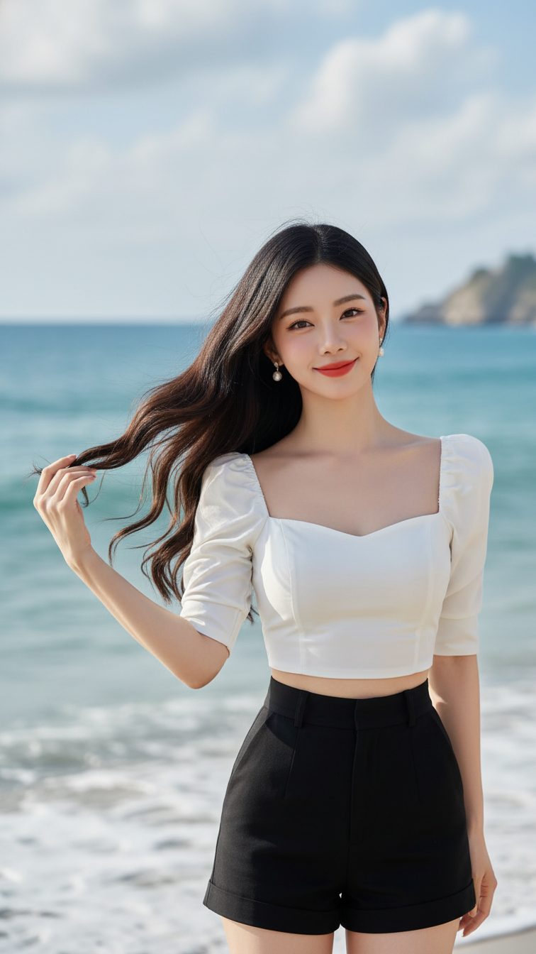 Chân dung thanh lịch của cô gái trẻ bên bờ biển với vẻ đẹp tự nhiên nổi bật