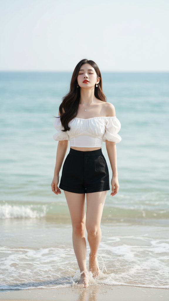 Chân dung cô gái trẻ bên biển đẹp và thanh lịch theo phong cách hiện đại