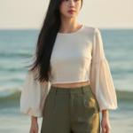 Chân dung cô gái trẻ bên bờ biển với phong cách thời trang tự nhiên và thanh lịch