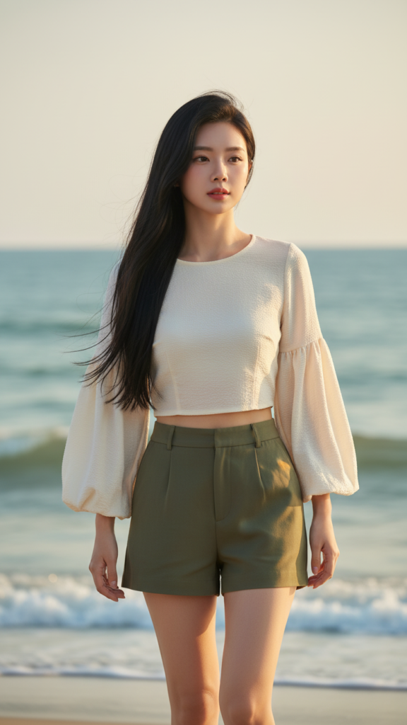 Chân dung cô gái trẻ bên bờ biển với phong cách thời trang tự nhiên và thanh lịch