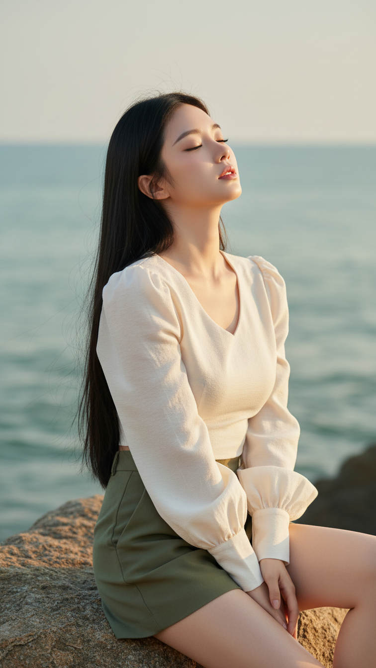 Chân dung hiện thực của cô gái trẻ bên bờ biển với phong cách thời trang thanh lịch