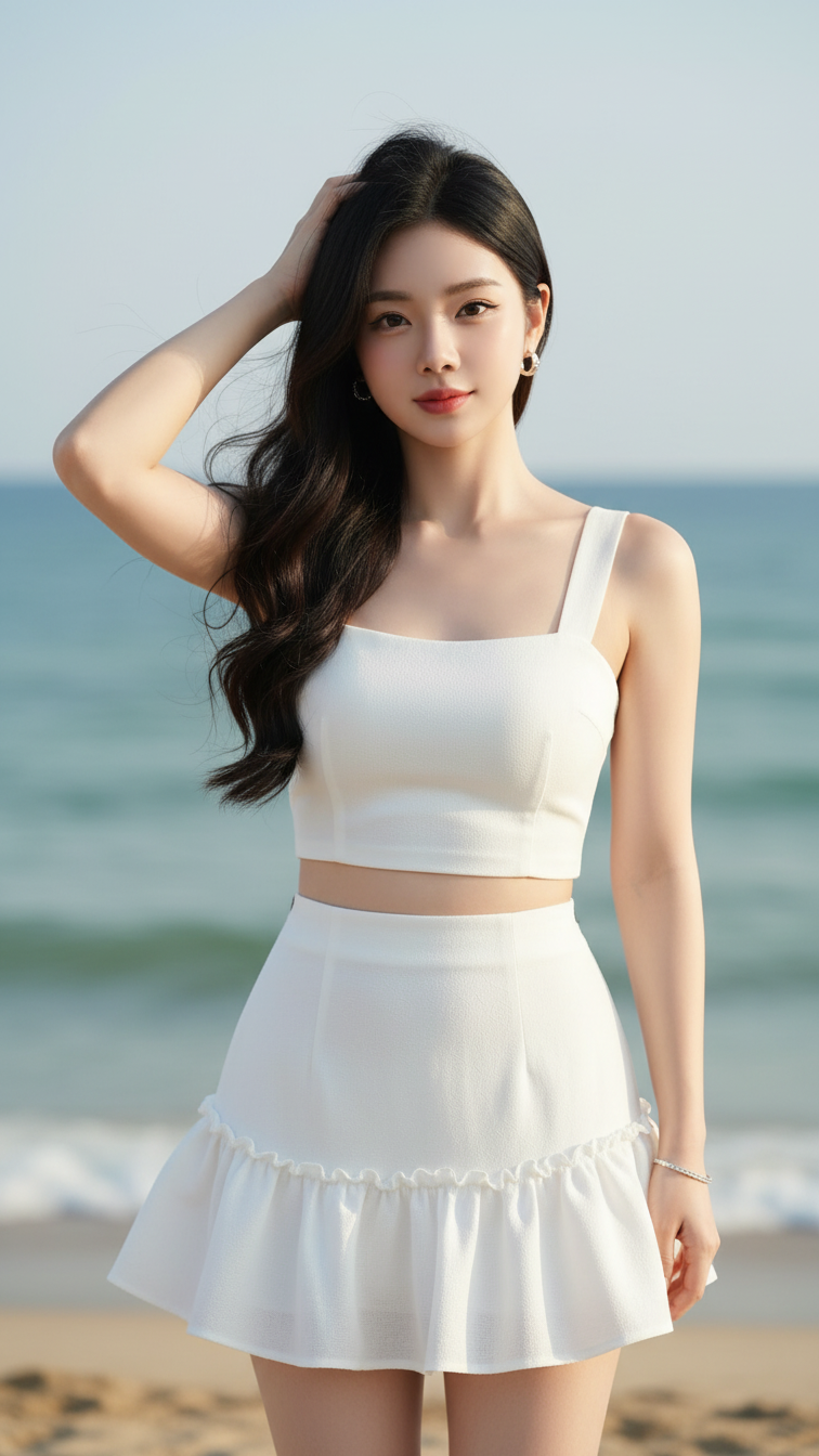 Chân dung cô gái trẻ thanh lịch bên bờ biển tuyệt đẹp và tự nhiên