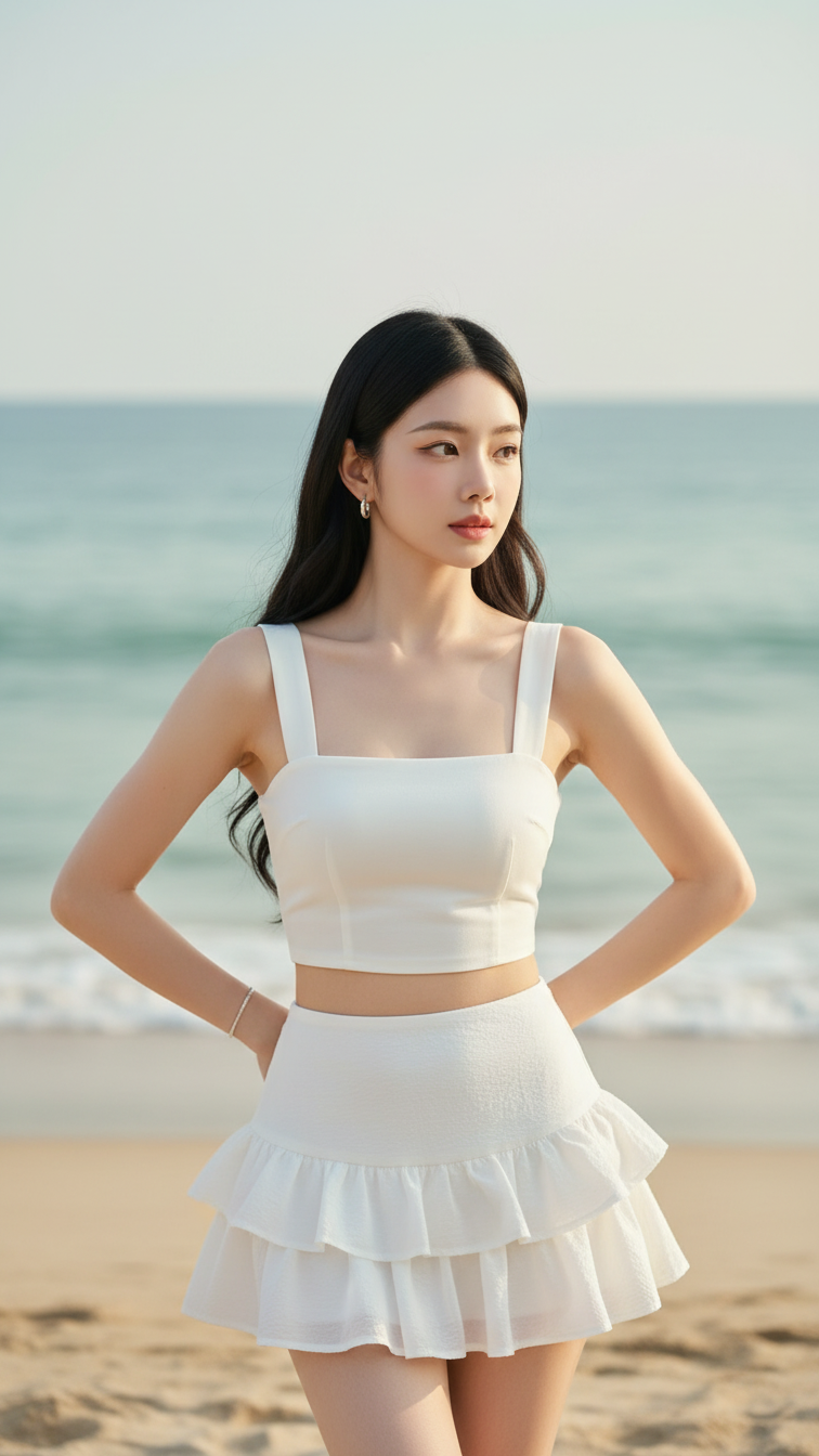 Chân dung thanh lịch của cô gái trẻ bên bờ biển tuyệt đẹp