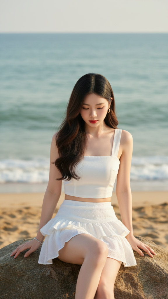 Chân dung cô gái thanh lịch bên bờ biển với vẻ đẹp tự nhiên và thời trang tinh tế