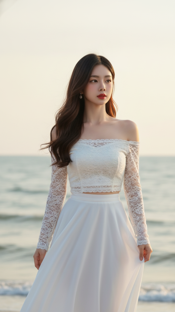 Chân Dung Cô Gái Á Đông Tự Tin Bên Biển Trong Bộ Trang Phục Thanh Lịch
