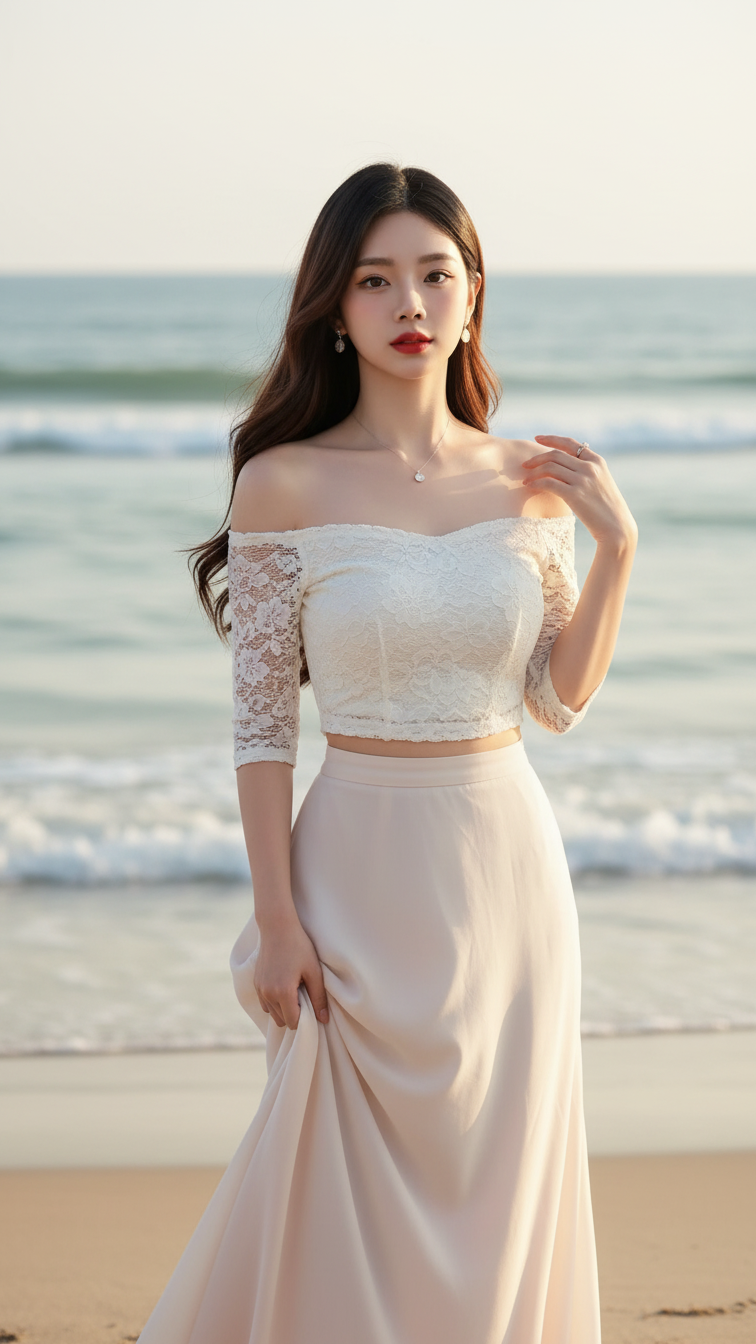 Chân dung cô gái trẻ tự tin bên biển với sắc màu rực rỡ và phong cách thời trang tinh tế