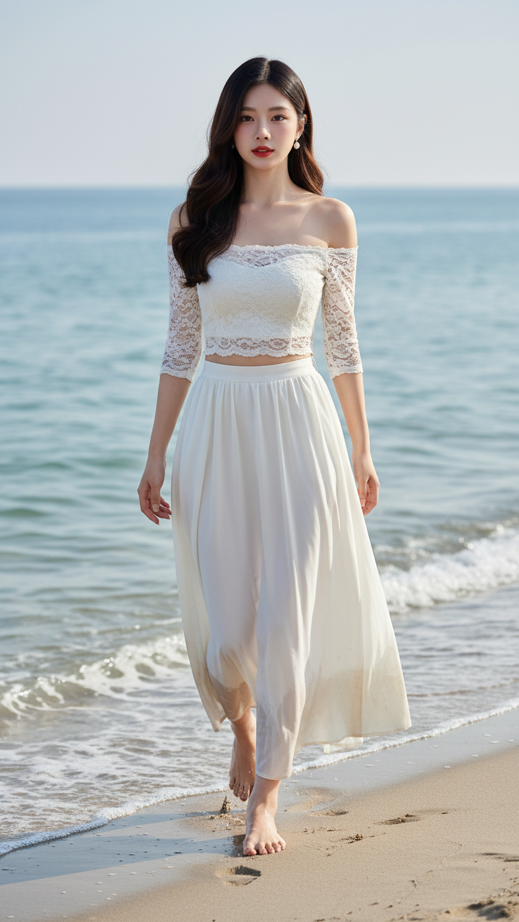 Chân dung thanh lịch của cô gái trẻ bên bờ biển tươi đẹp.