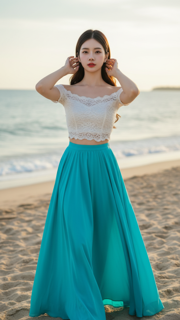 Chân dung thanh lịch của cô gái trẻ tại bãi biển tuyệt đẹp