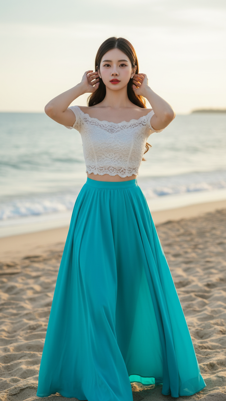 Chân dung thanh lịch của cô gái trẻ tại bãi biển tuyệt đẹp