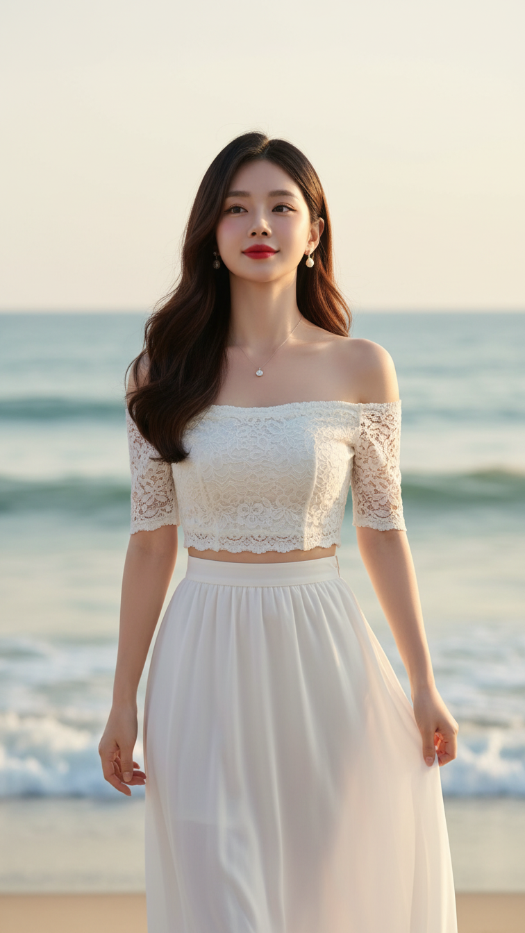 Chân dung thanh lịch của cô gái trẻ tại bãi biển đẹp mơ màng