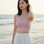 Chân dung nữ thanh niên bên bờ biển với phong cách thời trang thanh lịch