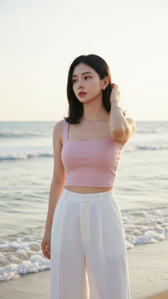 Chân dung nữ thanh niên bên bờ biển với phong cách thời trang thanh lịch