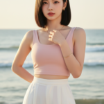 Cách tạo chân dung thực tế của cô gái trẻ bên bờ biển với phong cách thời trang thanh lịch