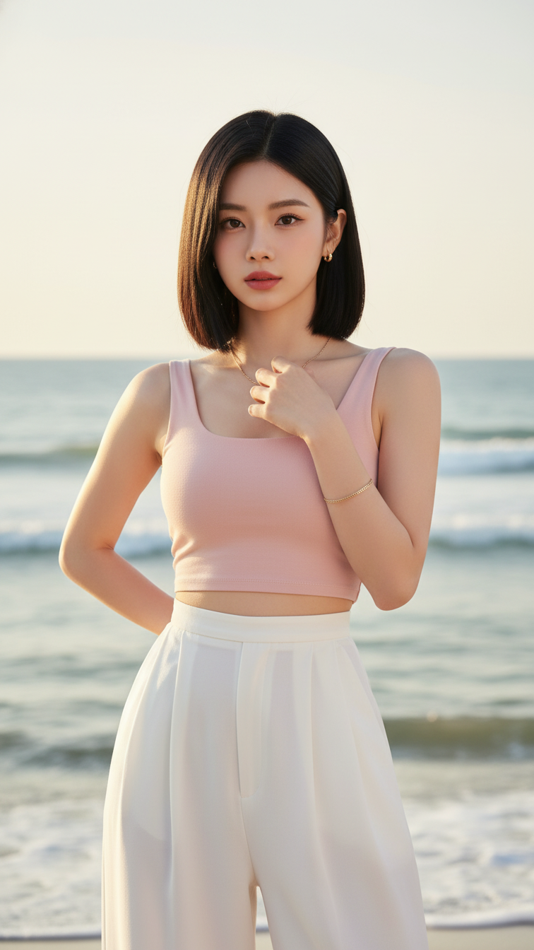 Cách tạo chân dung thực tế của cô gái trẻ bên bờ biển với phong cách thời trang thanh lịch