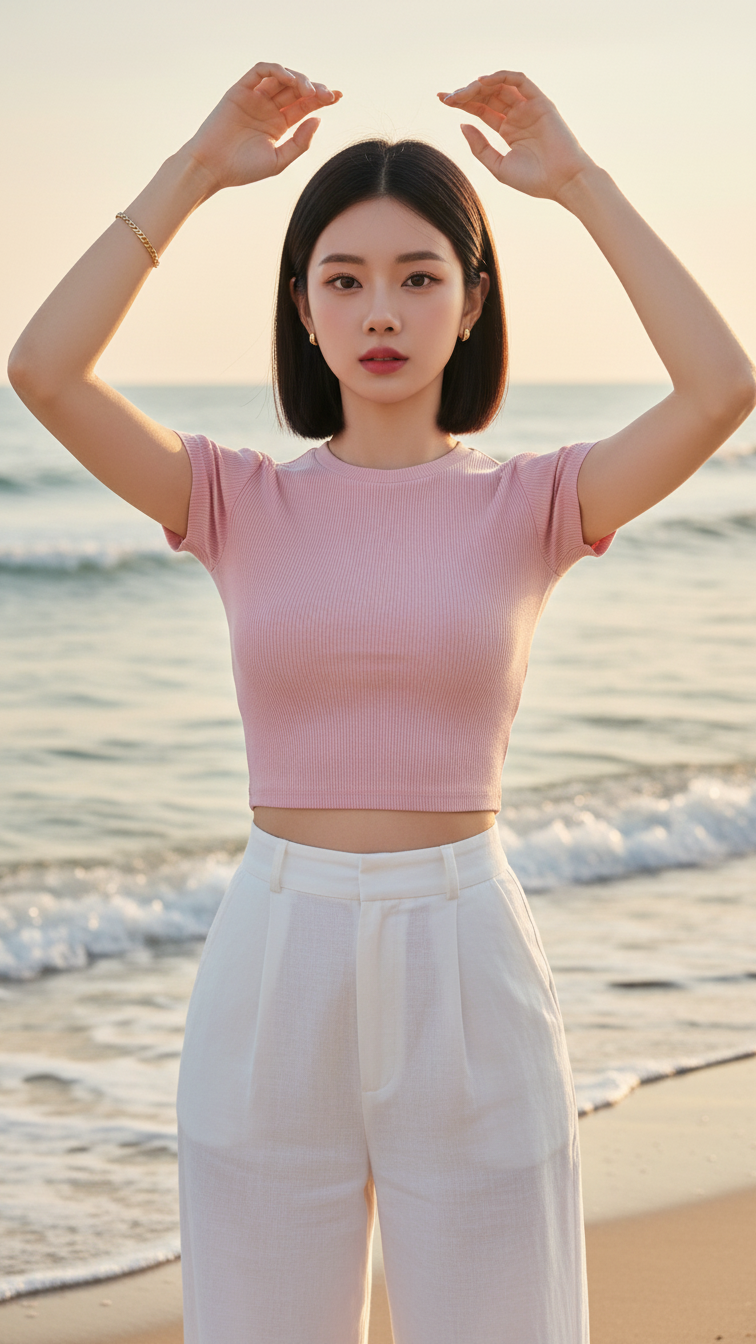 Bức chân dung đẹp của cô gái trẻ bên bờ biển với phong cách thanh lịch và tự nhiên.